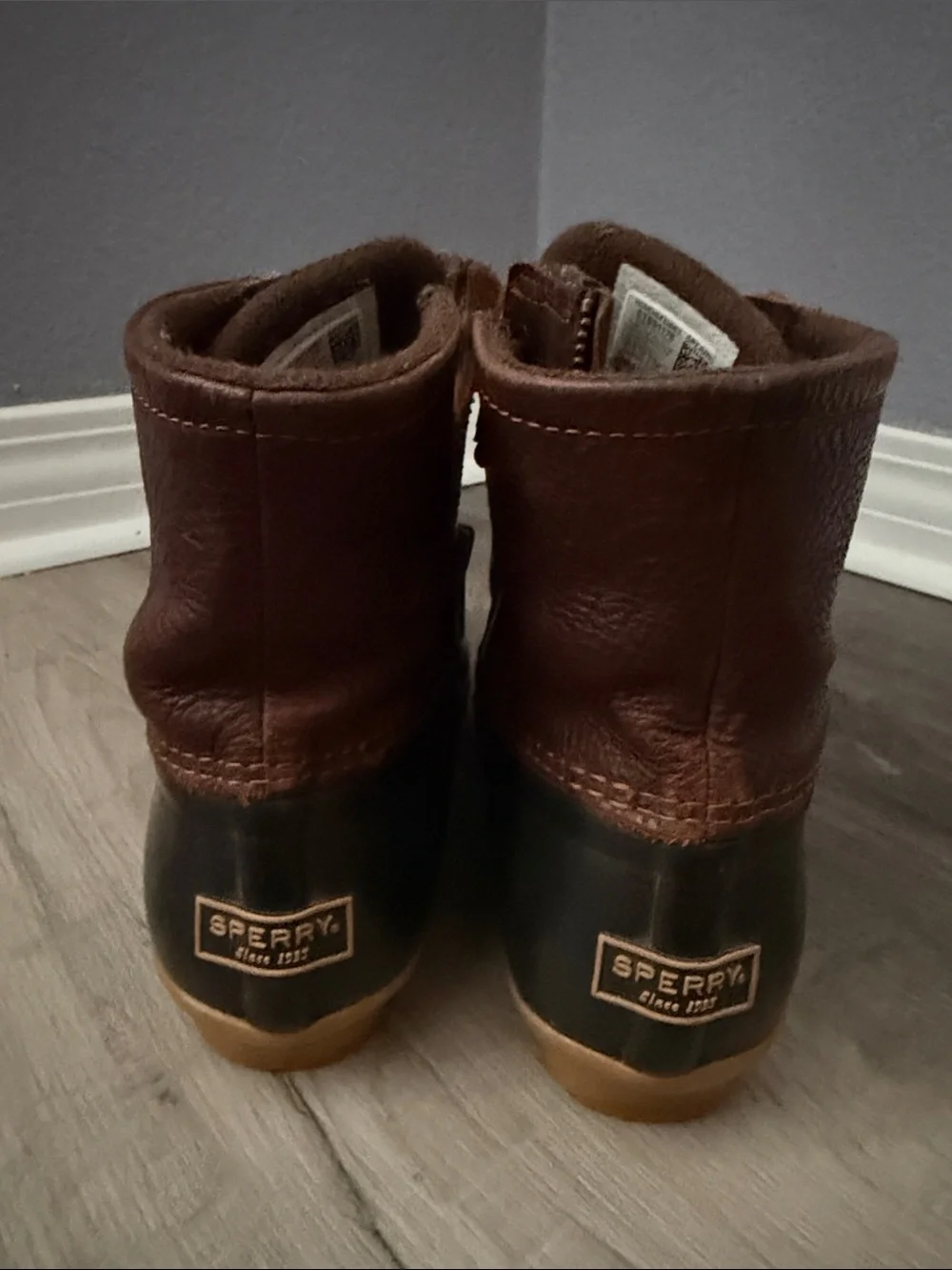 Sperry Brown Leather Duck Boots with Black Rubber Sole